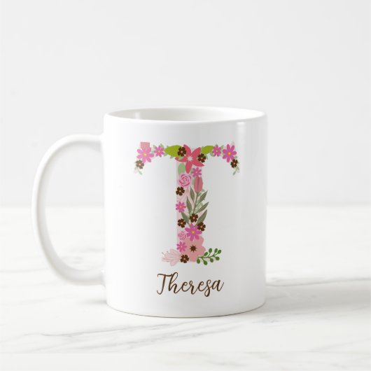 Personalisierter Monogramm floraler Letter T Kaffeetasse (Links)