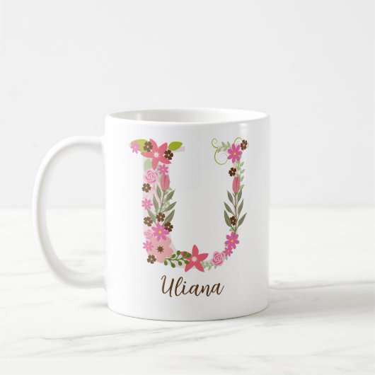Personalisierter Monogramm floraler Letter U Kaffeetasse (Links)