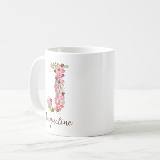 Personalisierter Monogramm-FlorLetter J Kaffeetasse (Vorderseite Links)