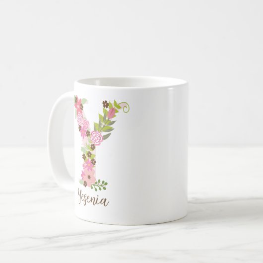 Personalisierter Monogramm-FlorLetter Y Kaffeetasse (Vorderseite Links)