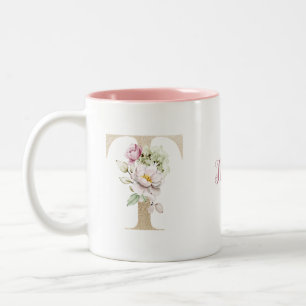 Personalisierter Monogramm-Goldbuchstabe T mit ros Zweifarbige Tasse