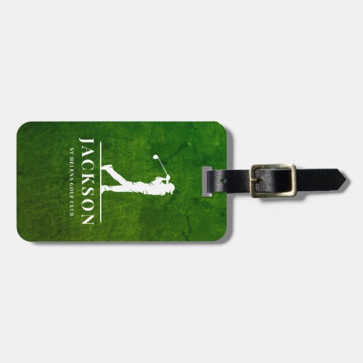 Personalisierter Monogramm Golfer aus grünem Leder Gepäckanhänger (Vorderseite horizontal)