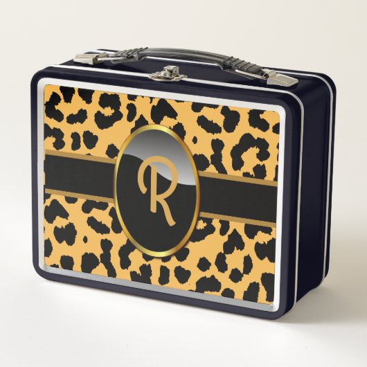 Personalisierter Monogramm-Leoparden-Druck Metall Brotdose (Vorderseite)