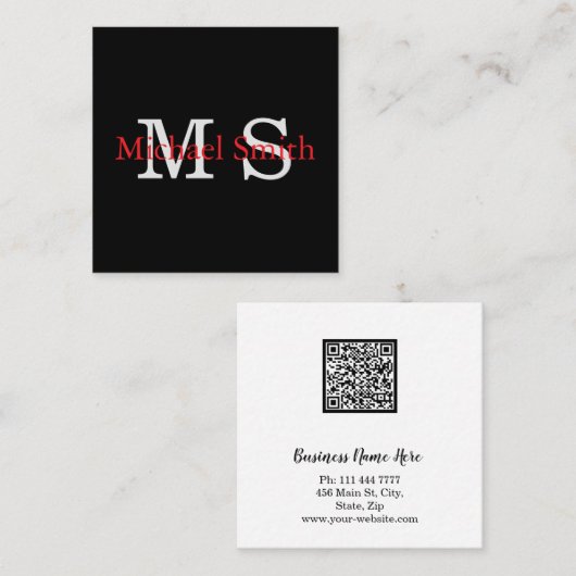 Personalisierter Monogramm-Minimalist B&W-QR-Code Quadratische Visitenkarte (Vorne/Hinten)