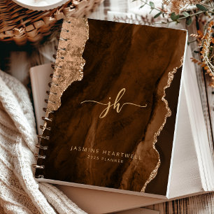 Personalisierter Monogramm-Mocha-Braun-Gold-Achat  Planer