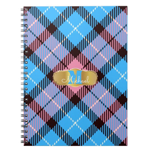 Personalisierter Monogramm Name Pink Blue Tartan K Notizblock (Vorderseite)