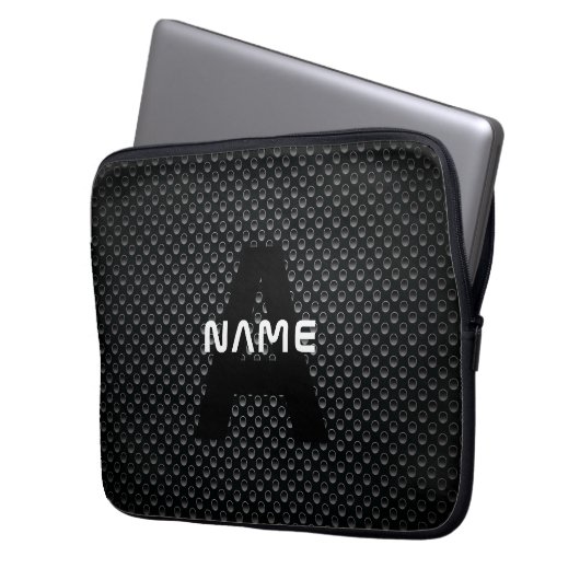 Personalisierter Monogramm Name Schwarz-Weiß-Textu Laptopschutzhülle (Vorderseite Links)