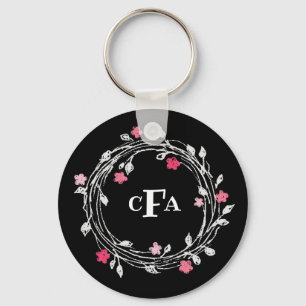 Personalisierter Monogramm-Schwarz-Weiß-Blumenkran Schlüsselanhänger