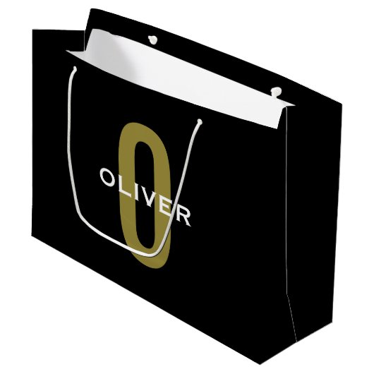 Personalisierter Monogramm Schwarzer Goldname Große Geschenktüte (Vorderseite Schrägansicht)