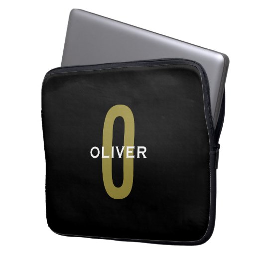 Personalisierter Monogramm Schwarzer Goldname Laptopschutzhülle (Vorderseite Links)