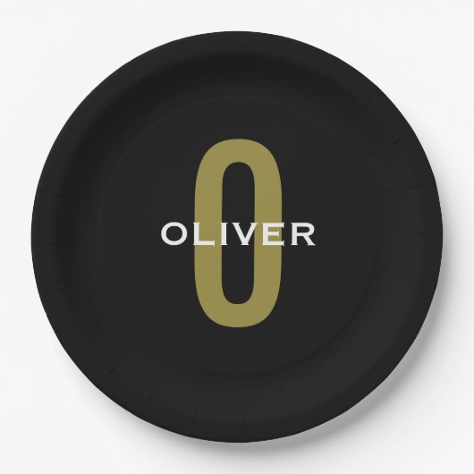 Personalisierter Monogramm Schwarzer Goldname Pappteller (Vorderseite)