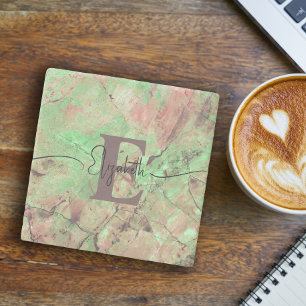 Personalisierter Monogramm-Skriptname Grüner Marmo Steinuntersetzer
