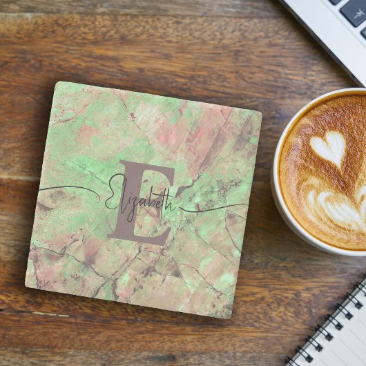 Personalisierter Monogramm-Skriptname Grüner Marmo Steinuntersetzer