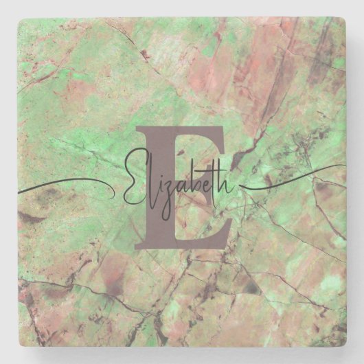 Personalisierter Monogramm-Skriptname Grüner Marmo Steinuntersetzer (Vorderseite)