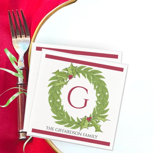 Personalisierter Monogramm-Weihnachtskranz-Cocktai Serviette