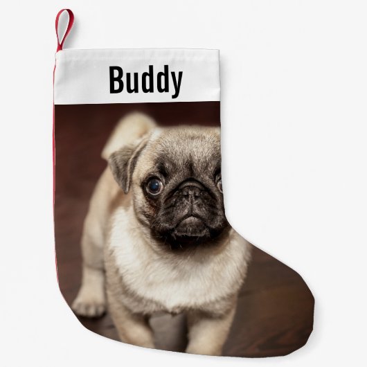 Personalisierter Mops Dog Foto und Ihr Mops Dog Na Kleiner Weihnachtsstrumpf (Vorderseite)