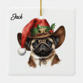 Personalisierter Mops mit Cowboy-Weihnachtsmannmüt Keramikornament (Rückseite)
