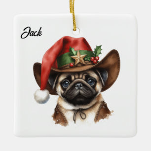 Personalisierter Mops mit Cowboy-Weihnachtsmannmüt Keramikornament