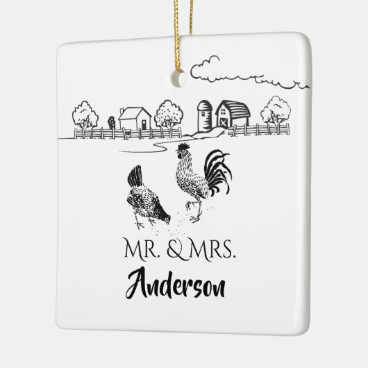 Personalisierter Mr. & Mrs. Chickens Farm 1. Weihn Keramikornament (Links)
