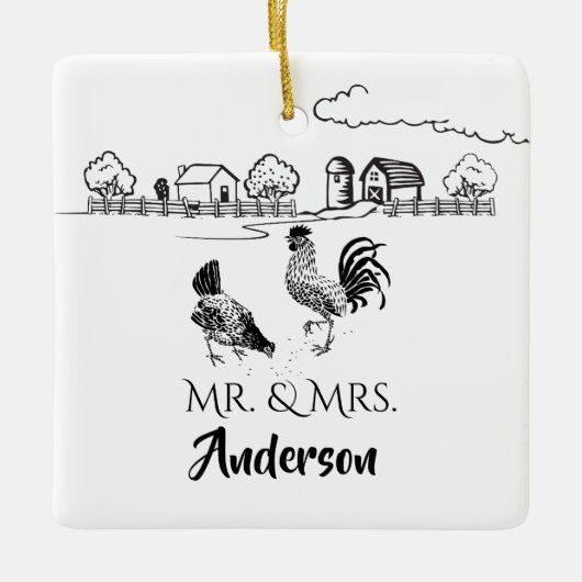Personalisierter Mr. & Mrs. Chickens Farm 1. Weihn Keramikornament (Vorderseite)