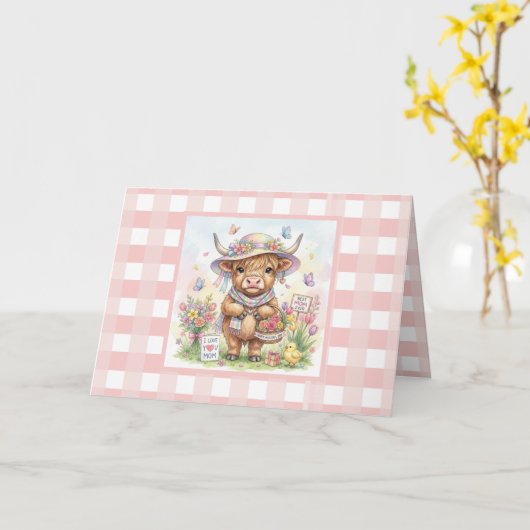 Personalisierter Muttertag Kuh Rosa Gingham Karte (Gelbe Blume)
