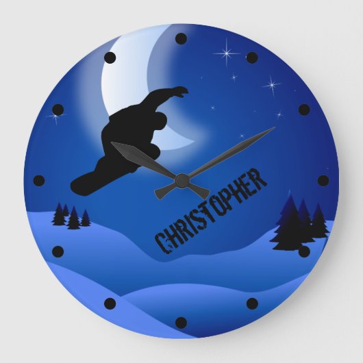 Personalisierter Nachtsnowboarding-Berg und Mond Große Wanduhr (Vorderseite)