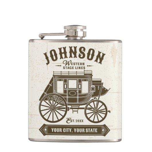 Personalisierter NAME Alte Western Stagecoach Befö Flachmann (Vorderseite)