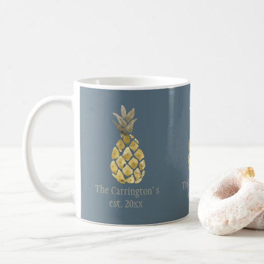 Personalisierter Name Ananas Rustikales Blau Kaffeetasse (Mit Donut)