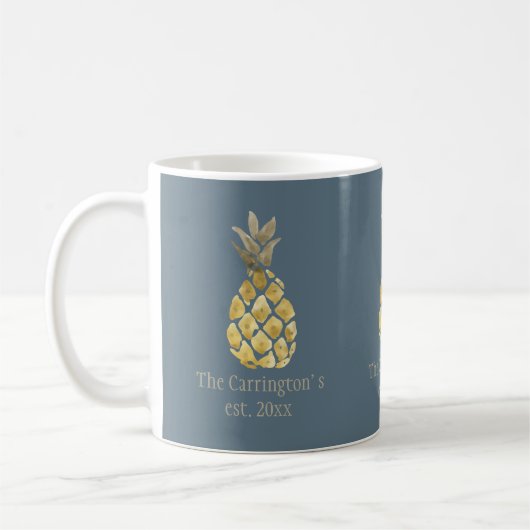 Personalisierter Name Ananas Rustikales Blau Kaffeetasse (Links)