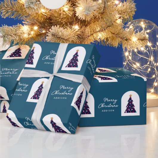 Personalisierter Name Aquamarin Schachtelbaum Geschenkpapier (Feiertage)