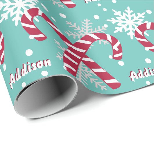 Personalisierter Name Aquamarin Snowflake Candy Ca Geschenkpapier (Rolleneckpunkt)