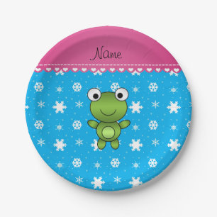Personalisierter Name Babyfrosch Himmelblau Schnee Pappteller