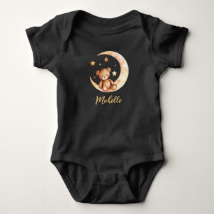 Personalisierter Name Bär Moon & Stars Black Baby Strampler