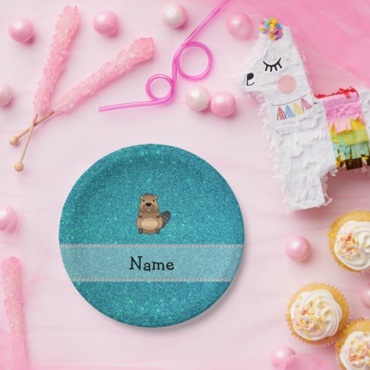 Personalisierter Name Biber Türkis Glitzer Pappteller (Party)