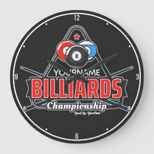 Personalisierter NAME Billard 8 Ball Pool Cue Rack Große Wanduhr