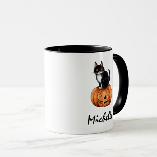 Personalisierter Name Black Cat & Pumpkin Hallowee Tasse (VorderseiteRechts)