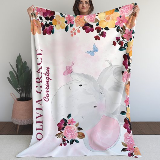 Personalisierter Name Blanket mit Elefant + Blume Fleecedecke