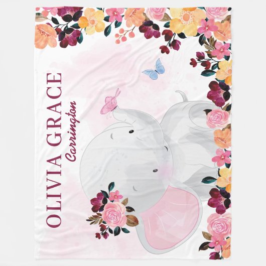 Personalisierter Name Blanket mit Elefant + Blume Fleecedecke (Vorderseite)