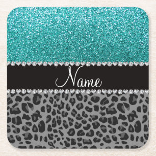 Personalisierter Name Blau Glitzer Schwarzer Leopa Rechteckiger Pappuntersetzer