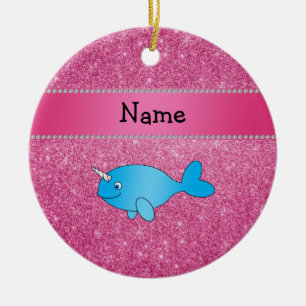 Personalisierter Name Blau Narwhal Pink Glitzer Keramikornament