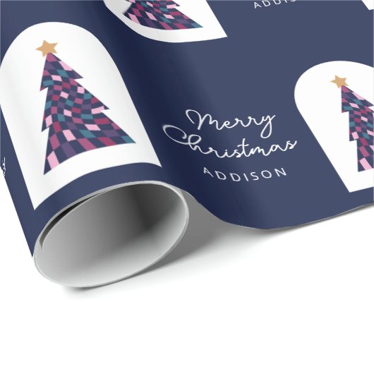 Personalisierter Name Blau Schachtel Weihnachtsbau Geschenkpapier (Rolleneckpunkt)