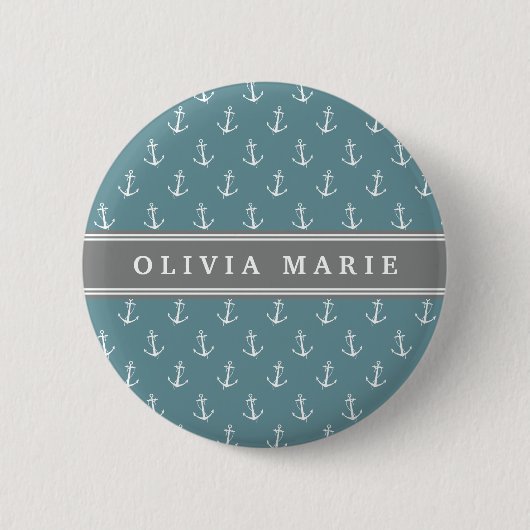 Personalisierter Name Blaues Ankermuster Button (Vorderseite)
