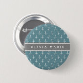 Personalisierter Name Blaues Ankermuster Button (Vorne & Hinten)