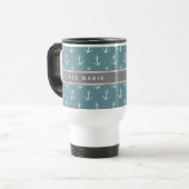 Personalisierter Name Blaues Ankermuster Reisebecher (Vorderseite Links)