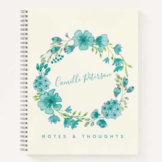 Personalisierter Name Blue Floral Wreath Stilvolle Notizblock (Vorderseite)