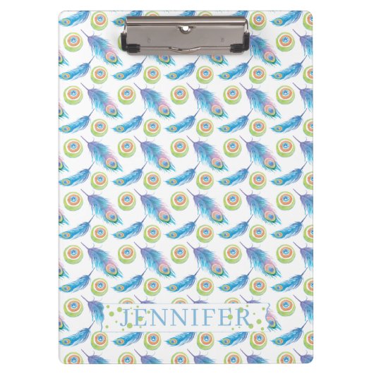 Personalisierter Name Blue Peacock Feathers Hinter Klemmbrett (Vorderseite)