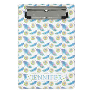 Personalisierter Name Blue Peacock Feathers Hinter Mini Klemmbrett