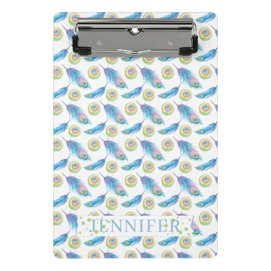 Personalisierter Name Blue Peacock Feathers Hinter Mini Klemmbrett (Vorderseite)