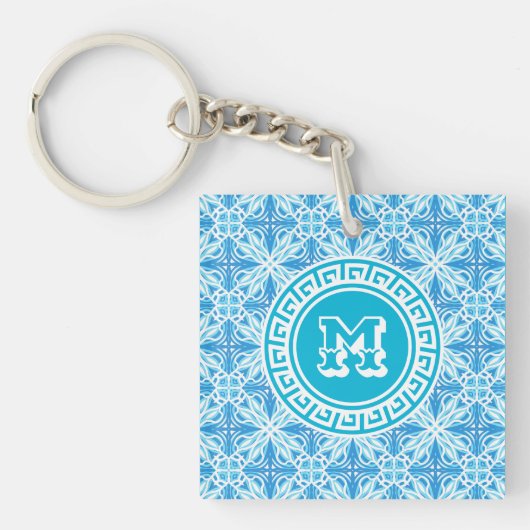 Personalisierter Name Blue Trellis Print White Tex Schlüsselanhänger (Vorderseite)