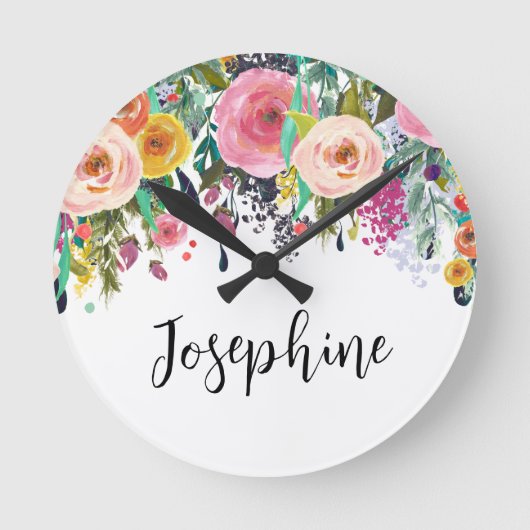 Personalisierter Name Boho BlumenzIMMER Kinderzimm Runde Wanduhr (Vorderseite)